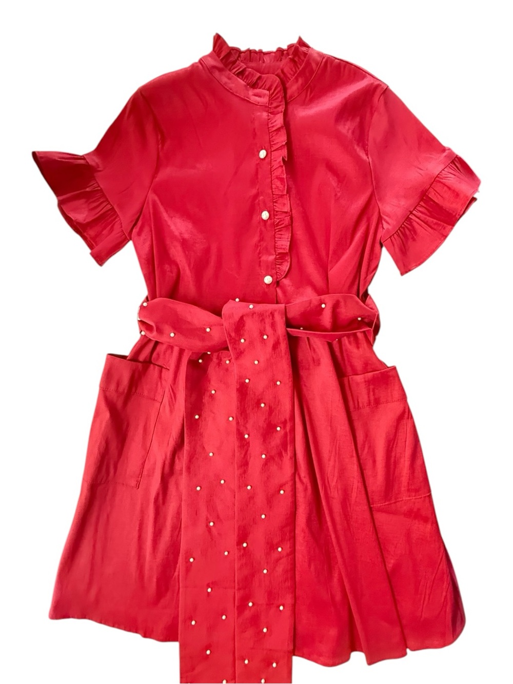 J.Marie Dress Women Red Ruffle Button Front Belted Size M NWT - Picture 5 of 10